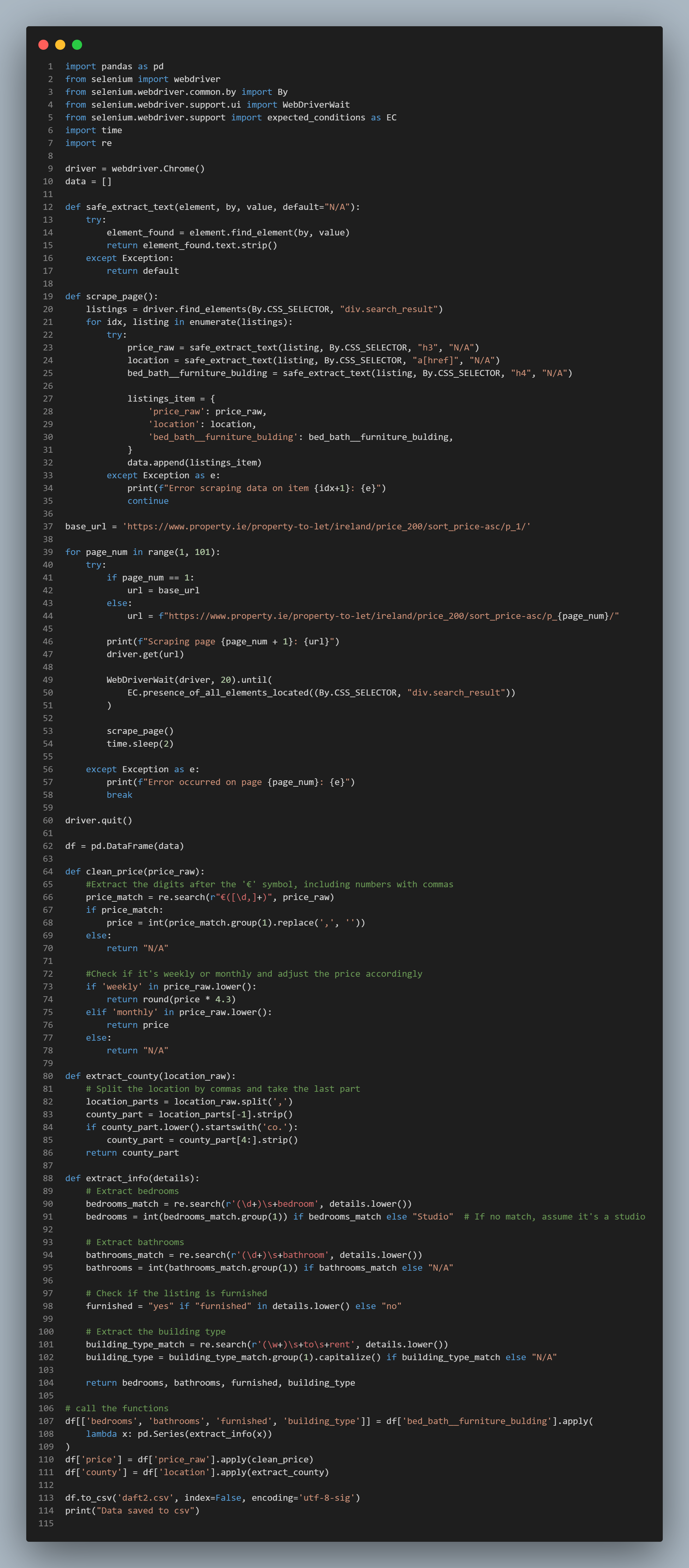 Python/Selenium scraper code for daft.ie rental listings